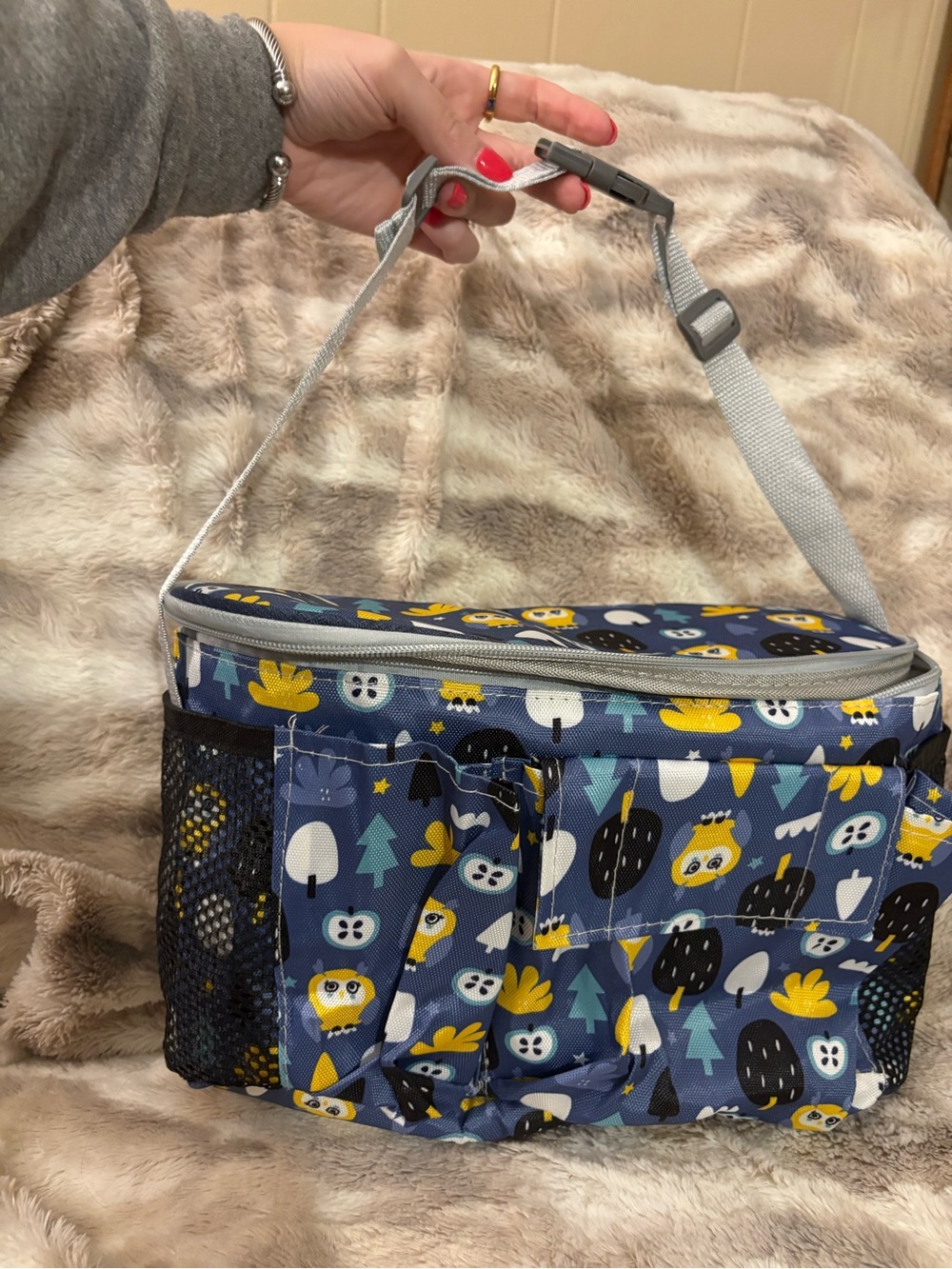 Insulated Owl Pattern Cooler Bag with Gray Strap- tons of pockets